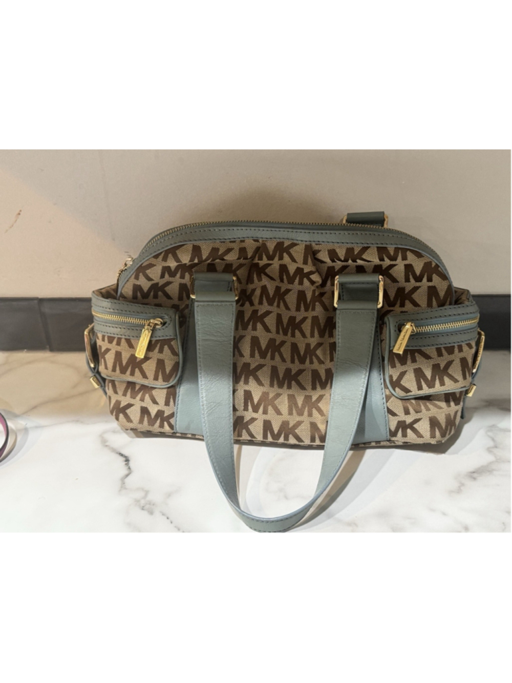MICHAEL KORS monogram Beige Blue Teal jacquard LARGE satchel Y2K EUC Purse Bag